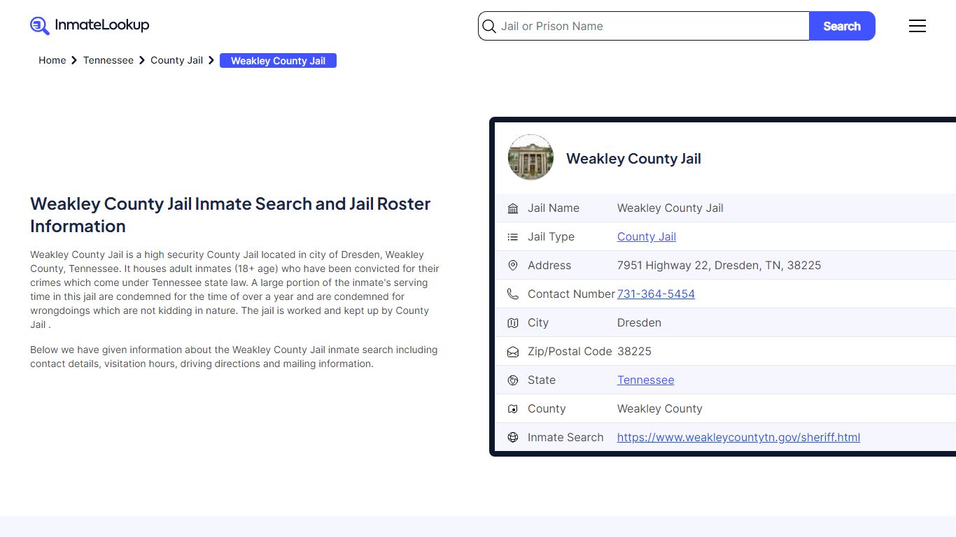 Weakley County Jail Inmate Search - Dresden Tennessee - Inmate Lookup