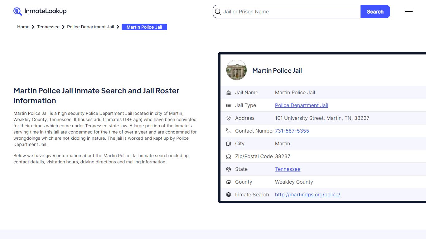 Martin Police Jail Inmate Search and Jail Roster Information